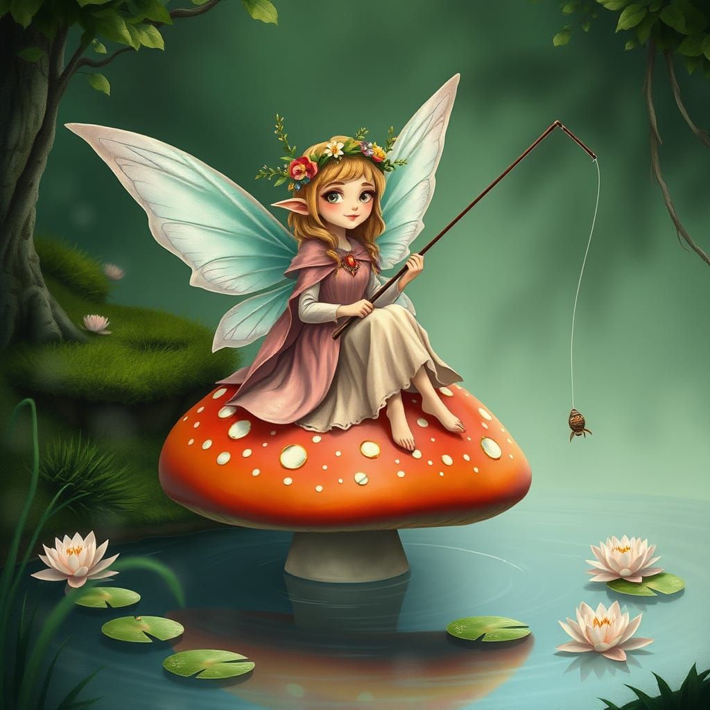 Enchanted Pixie Fishing at the Lake in Whimsical Watercolor ...