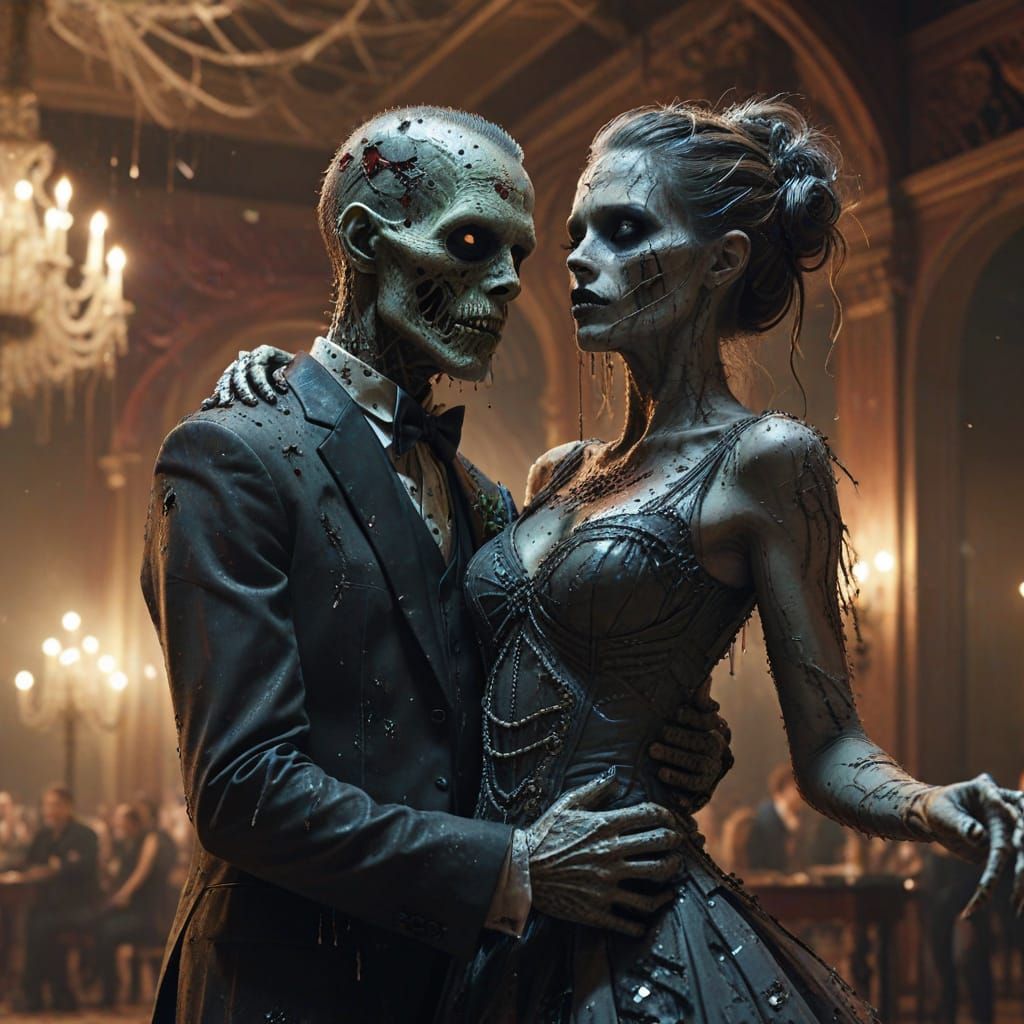 Zombie Couple at Gory Prom Night in Decaying Ballroom