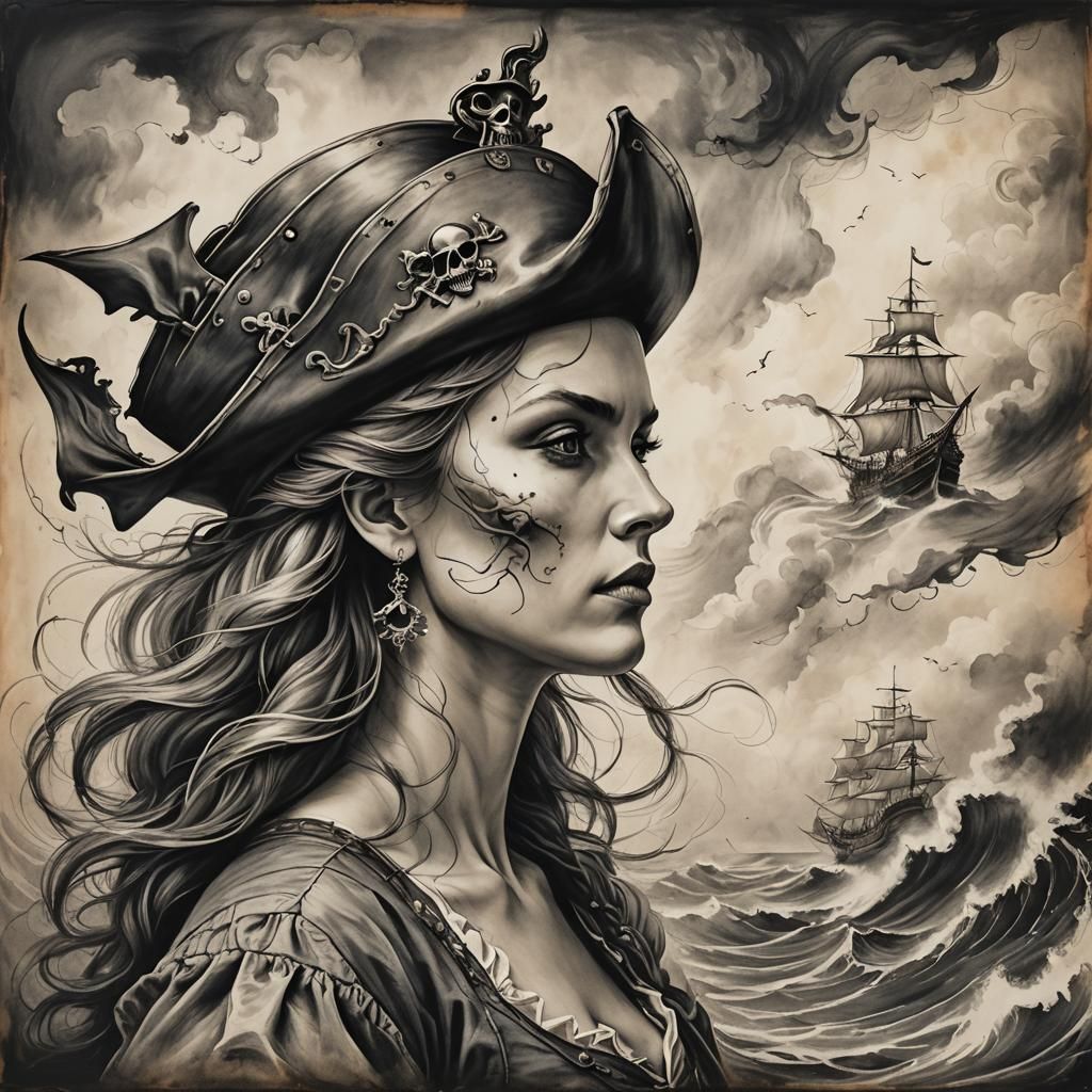Elegant Pirate Woman in Stormy Seascape, Charcoal Pencil Dra...