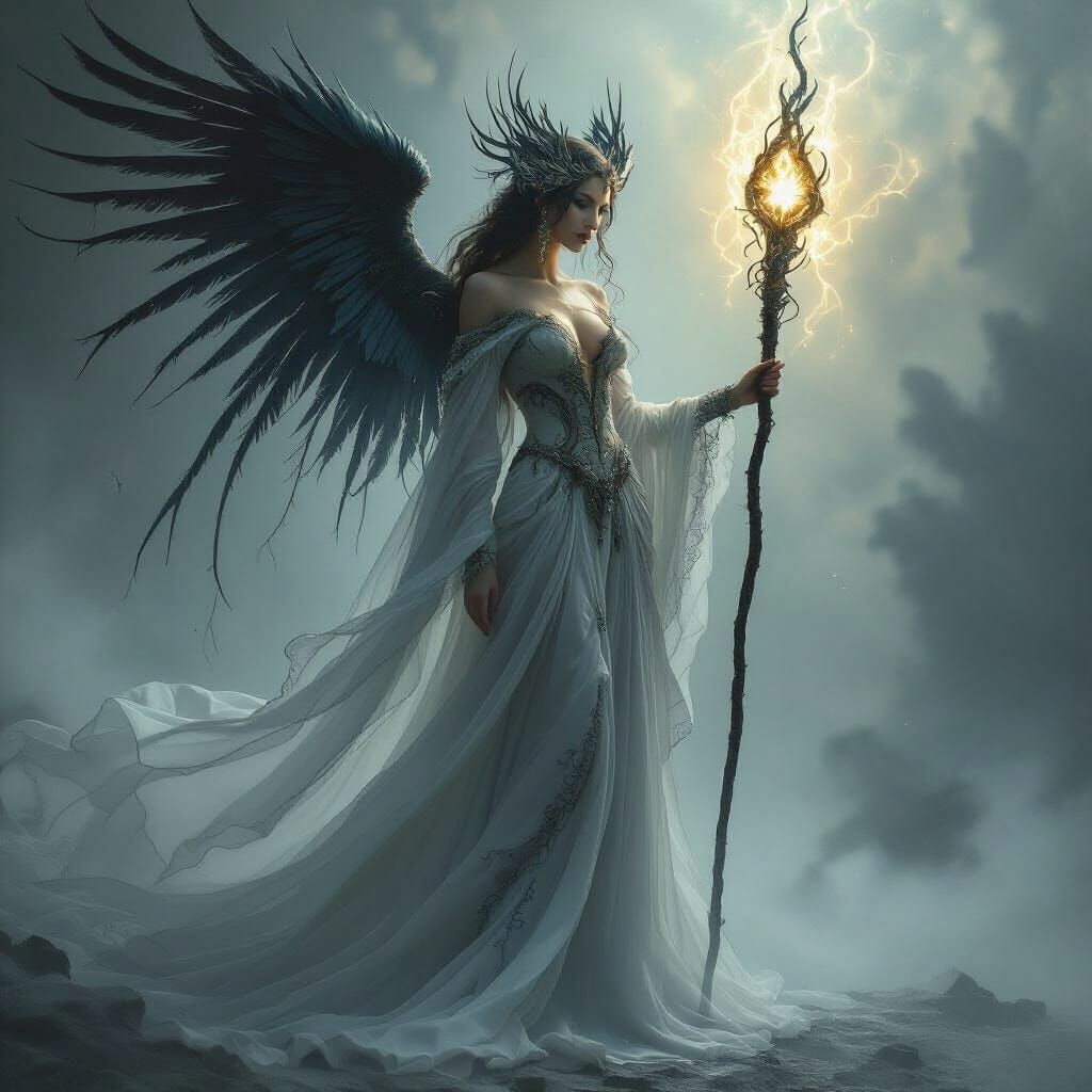 Ethereal Gothic Goddess with Feathered Wings