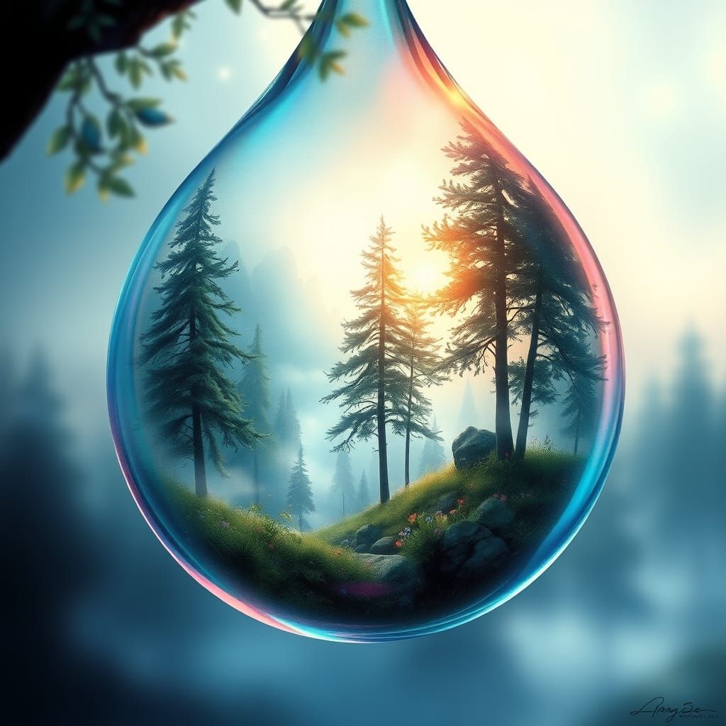 Luminous Water Droplet Containing Whimsical Forest Scene in ...