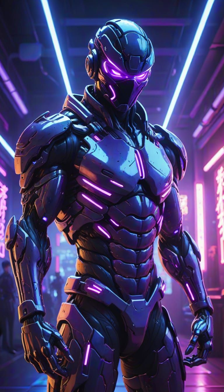 Cyborg Ninja in Neon Dojo: Anime Splash Art