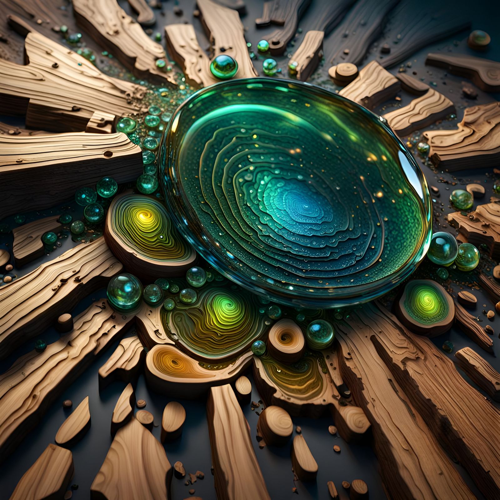 Hyperealistic Wood Microcosm in Iridescent Hues