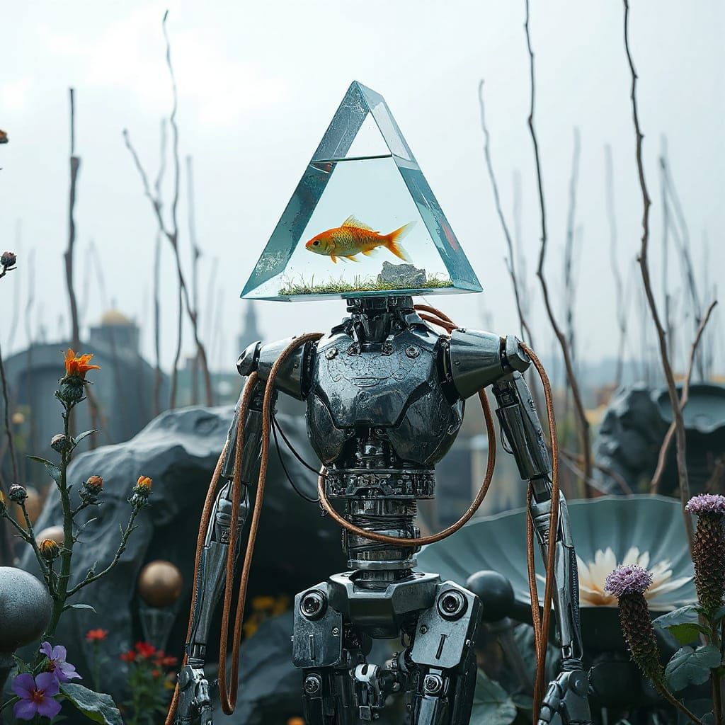 Futuristic Robot with Aquatic Head in Metallic Garden