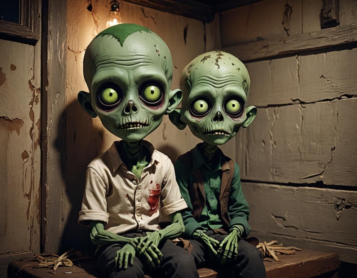 Cute Yet Creepy Zombie Youth in Cozy Haunting Scene