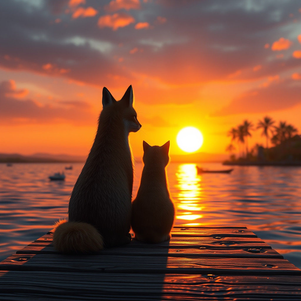 Golden Sunset Companions in Whimsical Fantasy Art