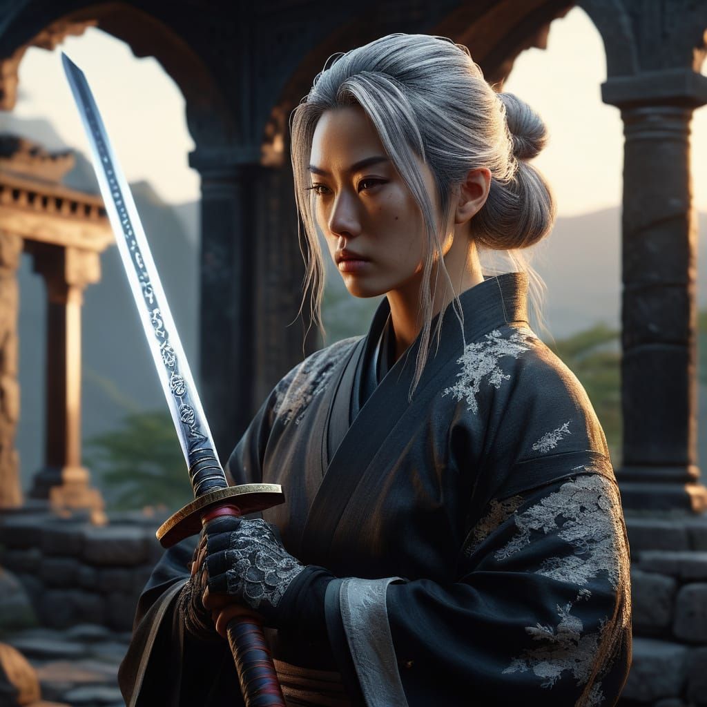 Elegant European Samurai in Ancient Japanese Castle