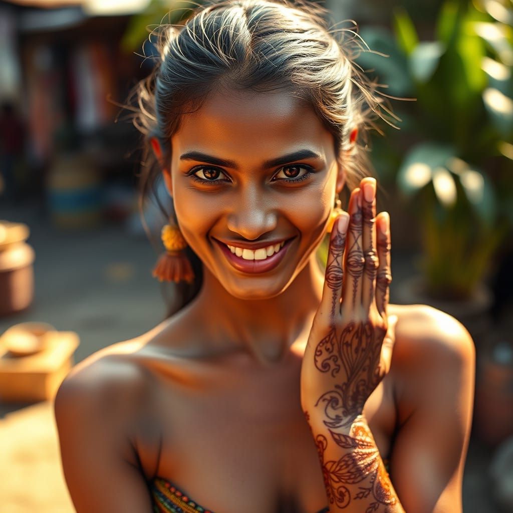 Indian Woman Smiles with Intensity in Vibrant Outdoor Settin...