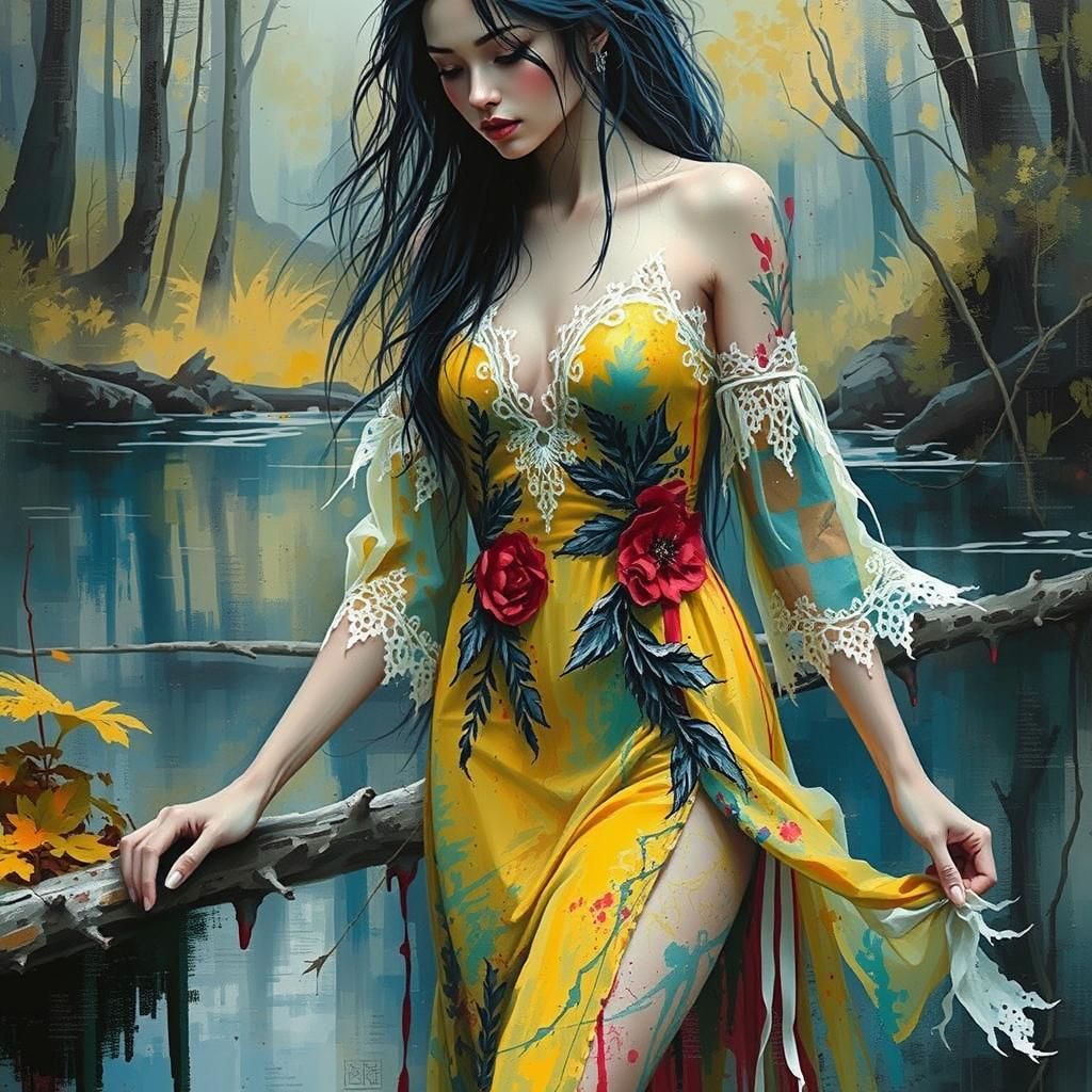 Stunning,  woman, in yellow red blue colors,  dress with lac...