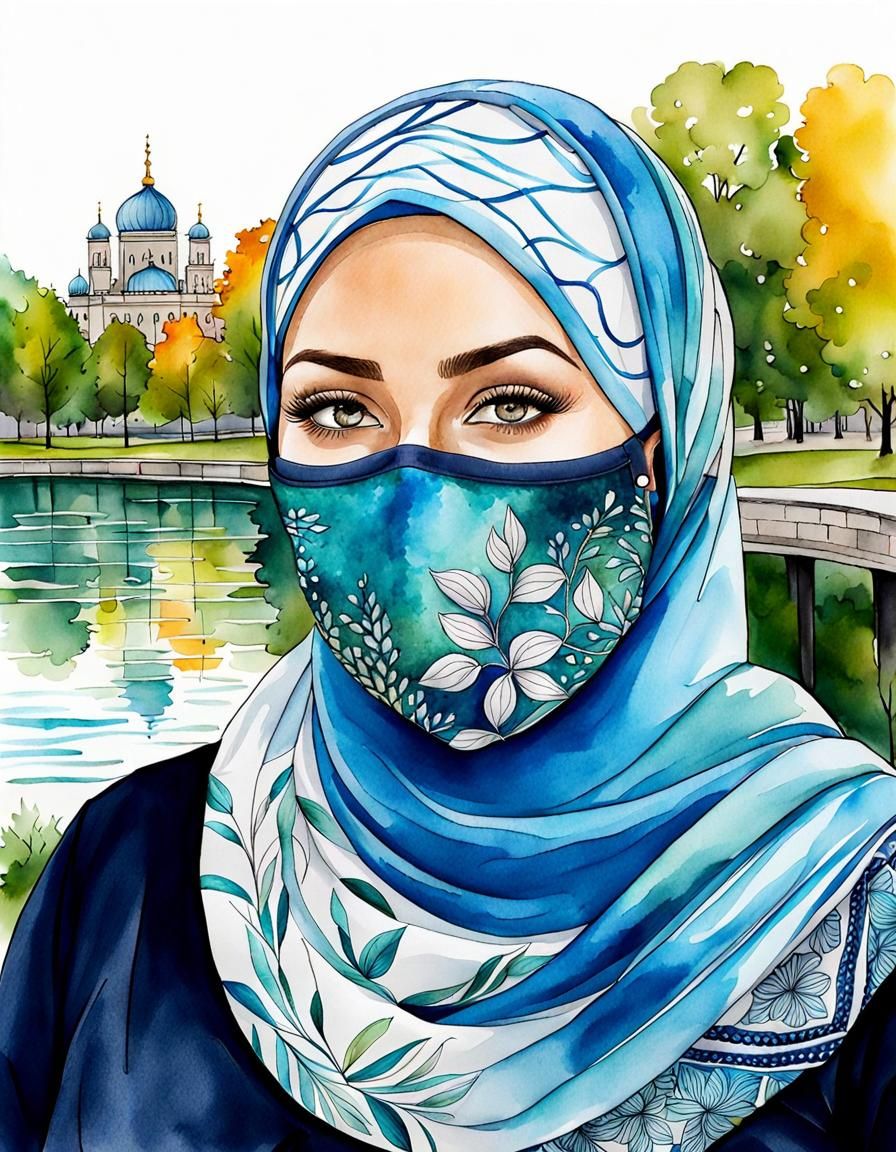 Swedish Woman in Hijab Portrait, Watercolor Style