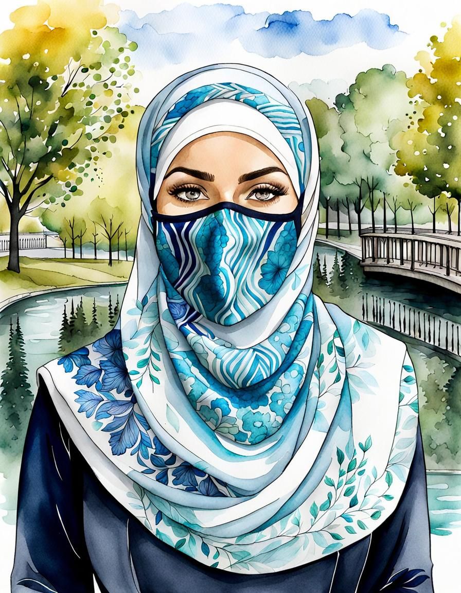 Watercolor Portrait of Woman in Hijab with Facemask