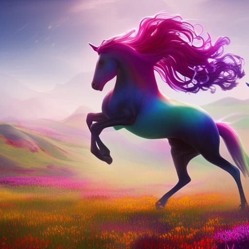 Galloping Woman in Vibrant Colorful Meadow