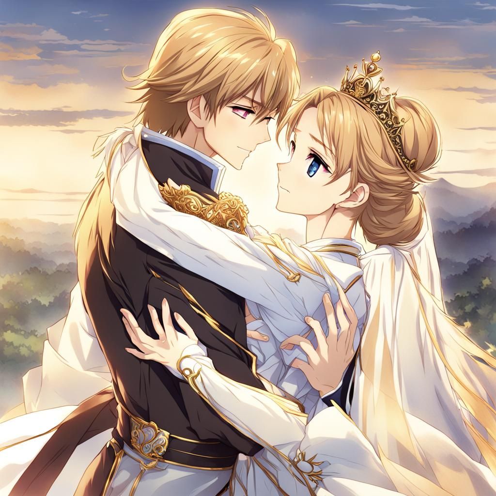 Sweet Anime Princess and Prince Hug in Japanese Manga Style