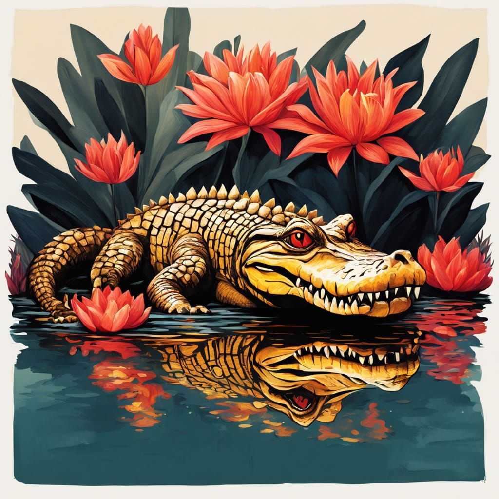 Golden Crocodile in Fantasy Oil Painting