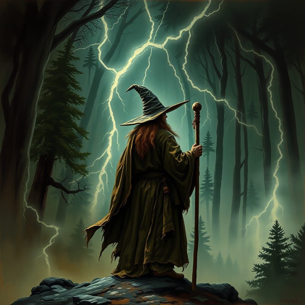 Mystical Wizard in a Turbulent Forest Storm