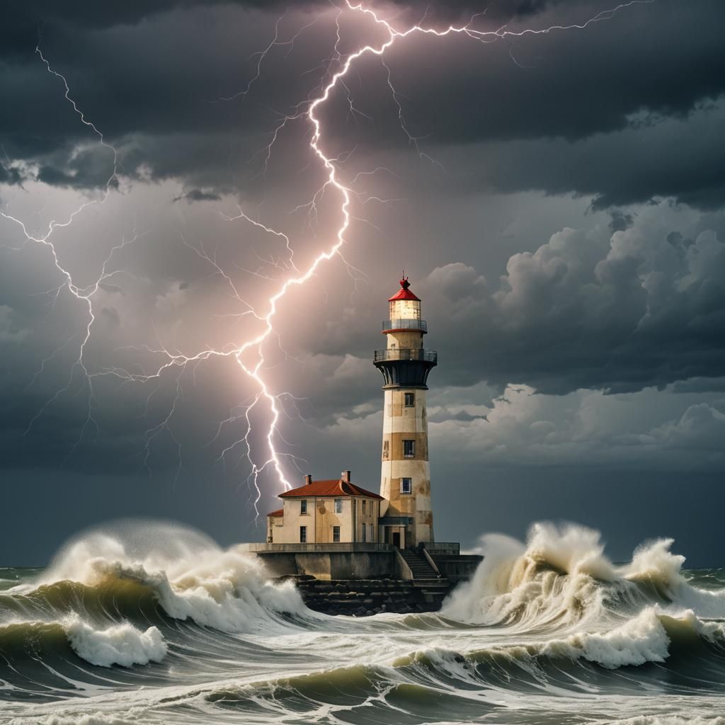 Bold Pop Art Lighthouse Radiates Amidst Turbulent Sea