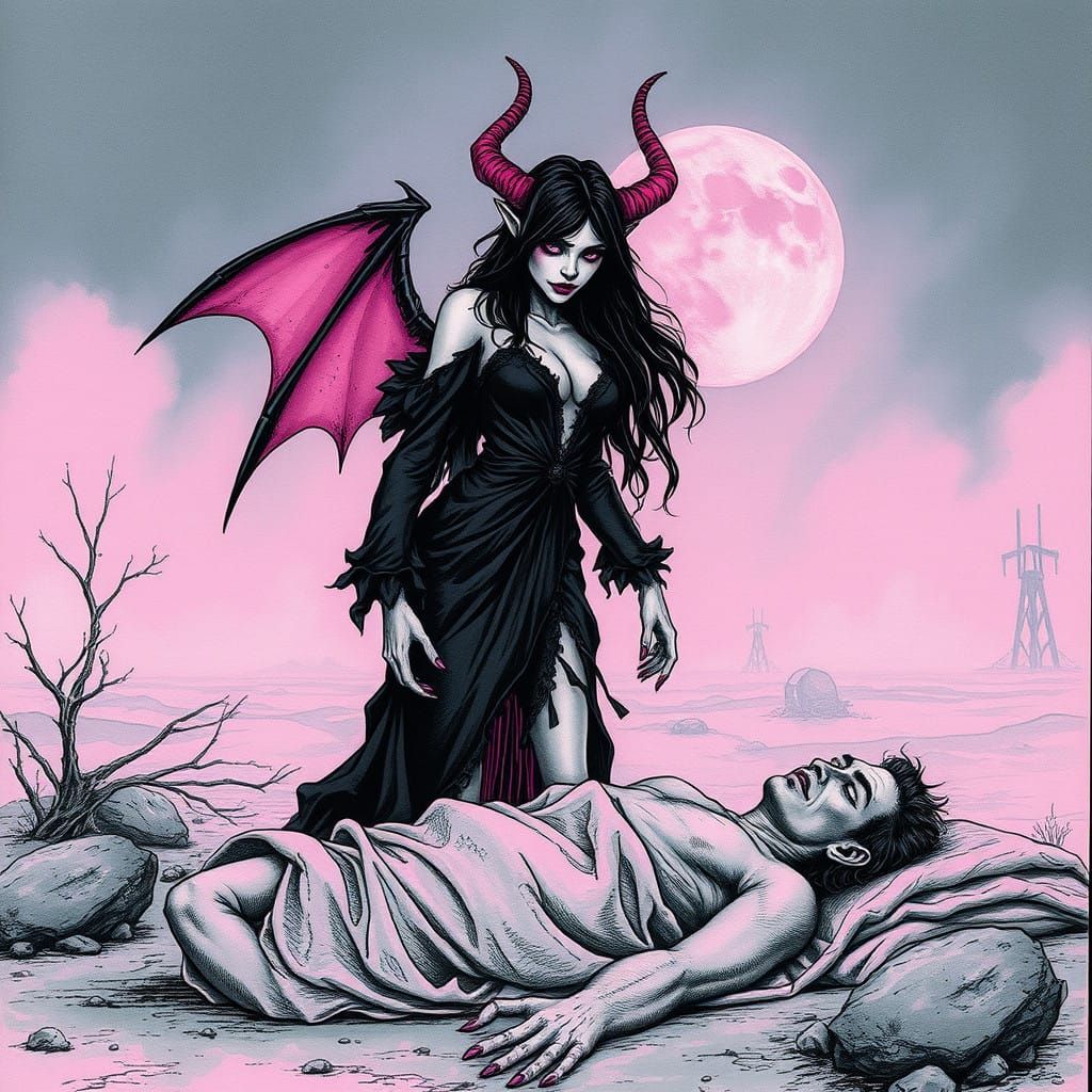 Mythical Succubus in Desolate Landscape, Micron Pen Drawing