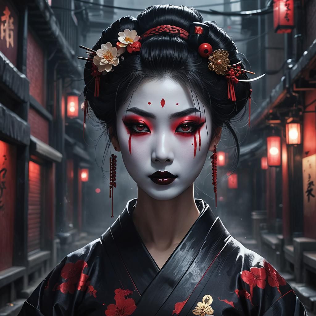 Gothic Geisha in Noir-Inspired, Hyper-Realistic Anime Style
