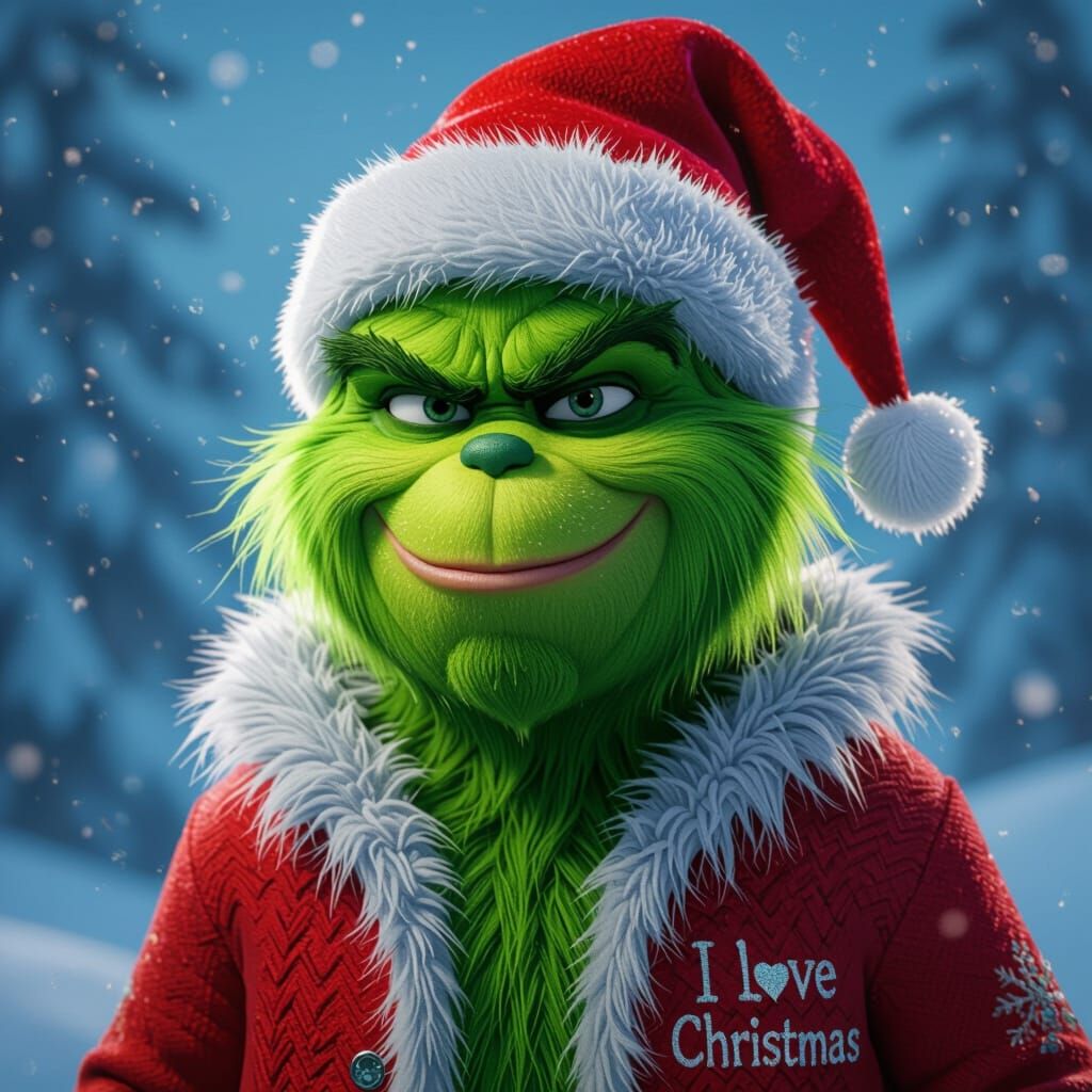 Photorealistic Grinch in Snowy Christmas Scene