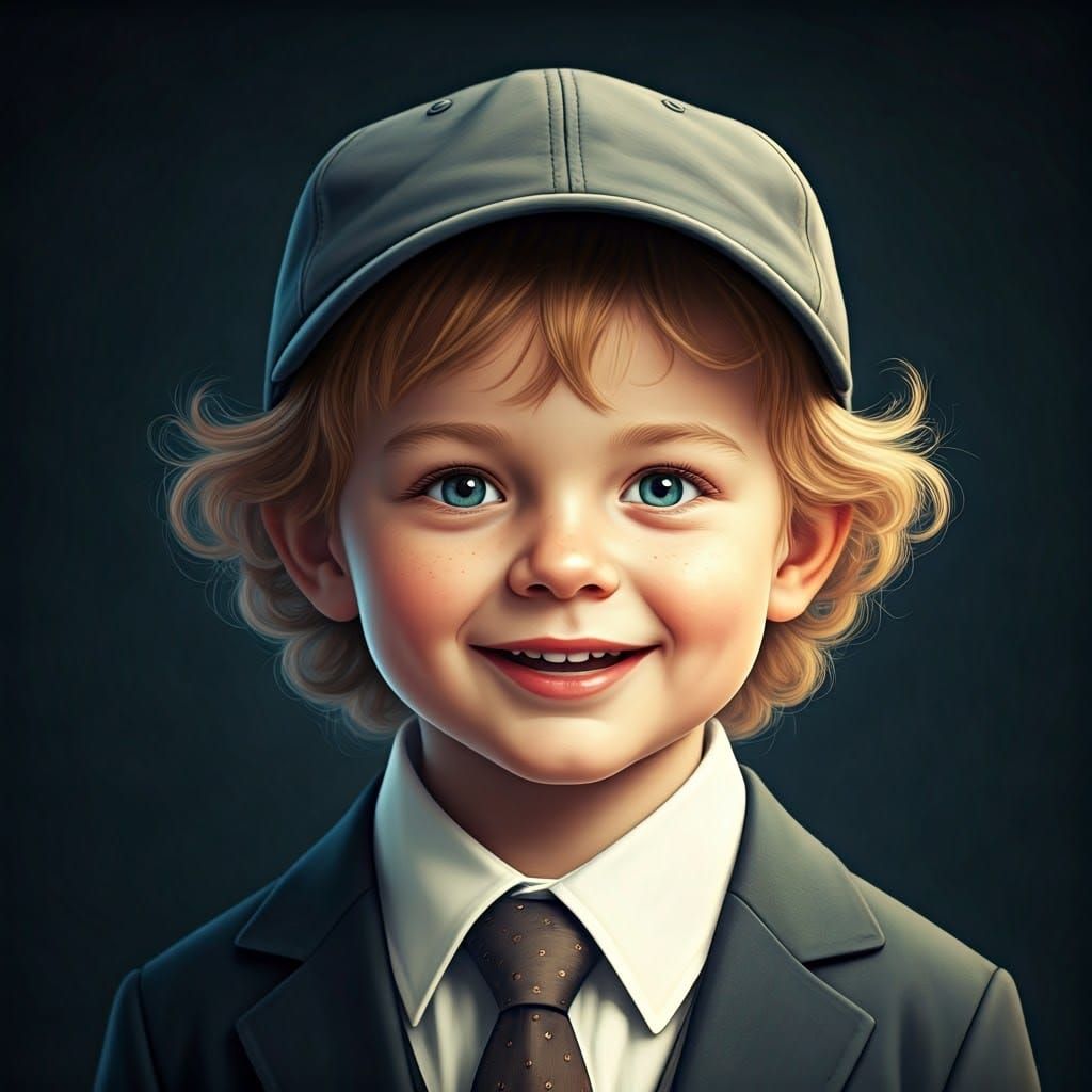Cherubic Boy in Golden Curls Wears Tiny Suit with Baseball C...