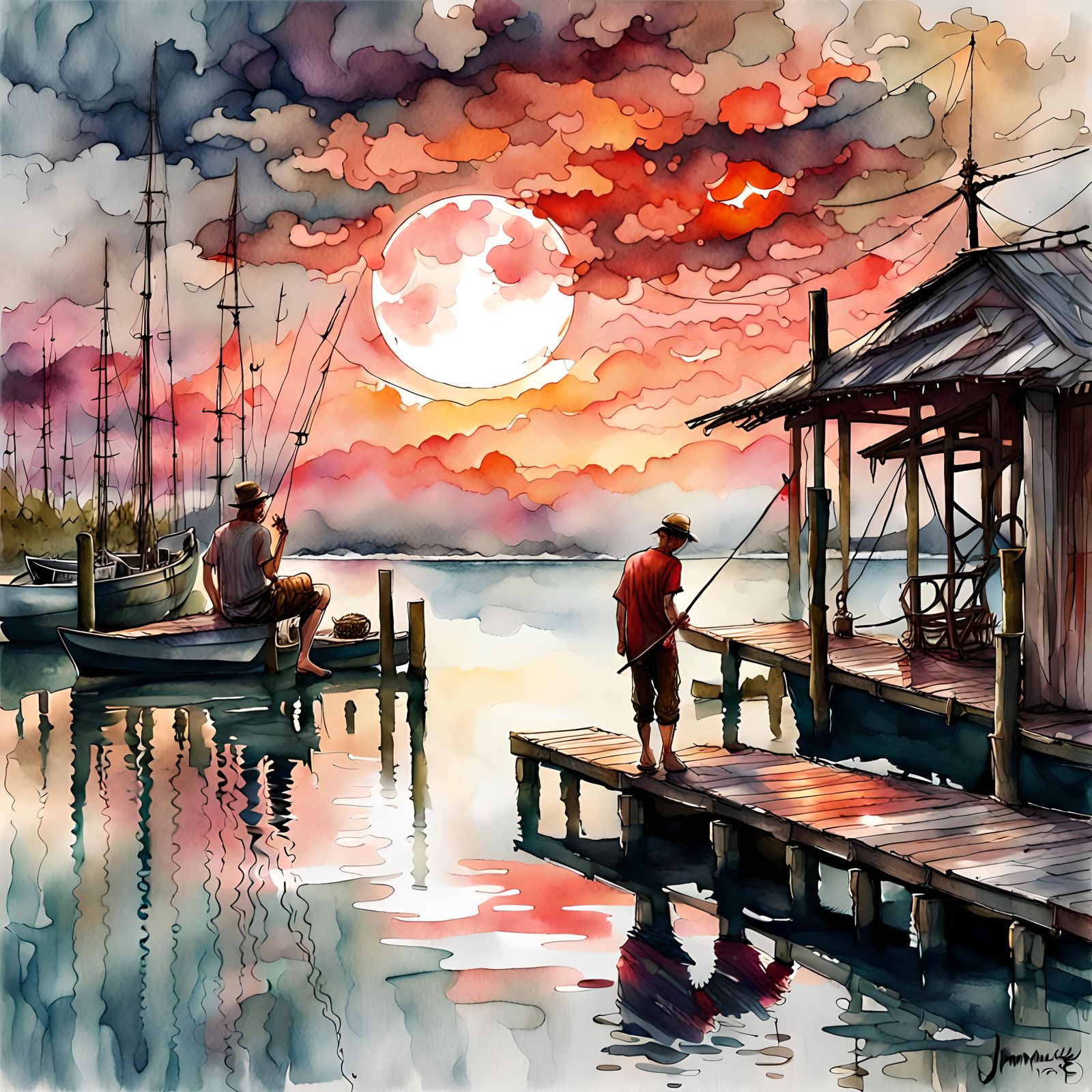 Water Painting. Fisherman at a dock fishing