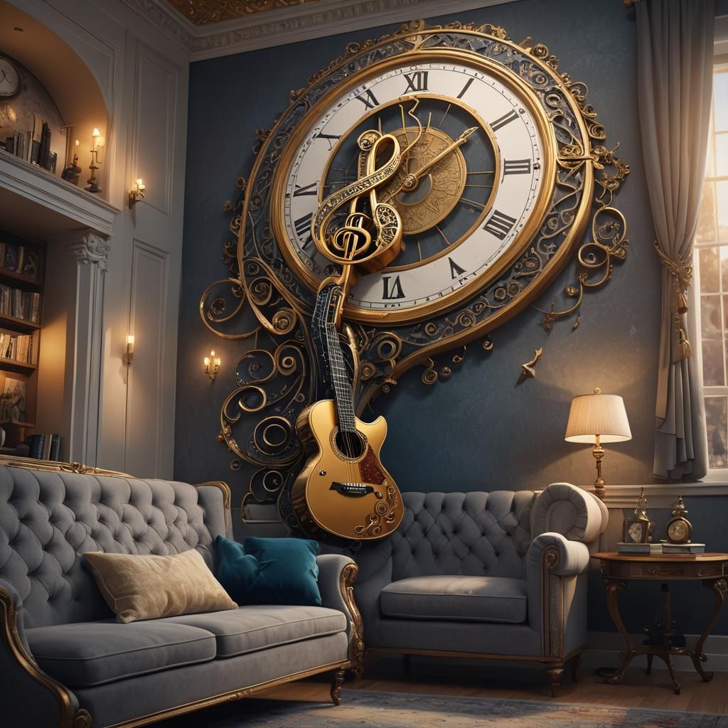 Vibrant Fantasy Concept Art of Treble Clef Hovering Above Gu...