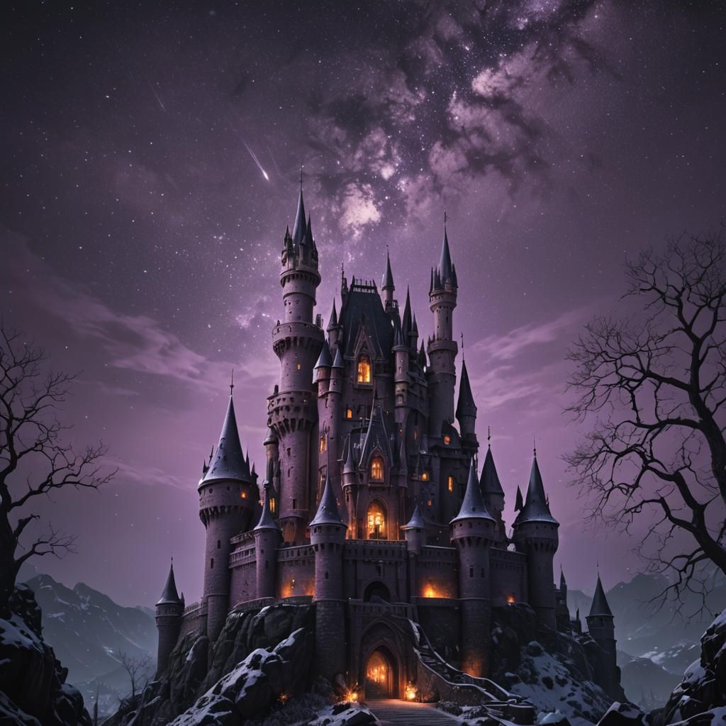 Dark Fantasy Castle Under a Violet Starry Night