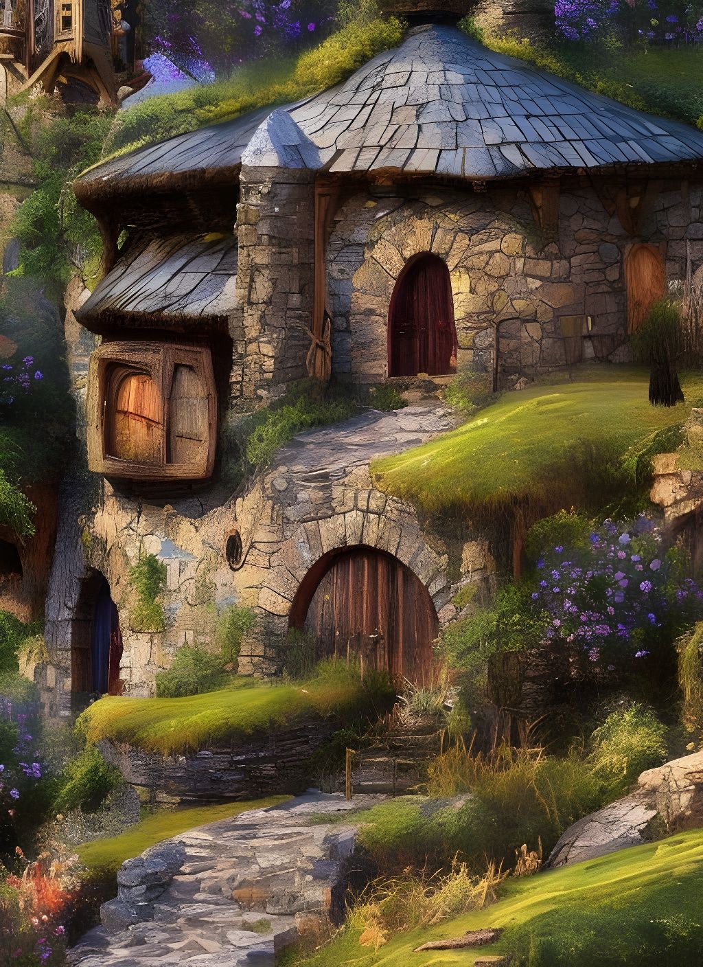 Epic Hobbit Home Tower in Neo-Impressionist Style