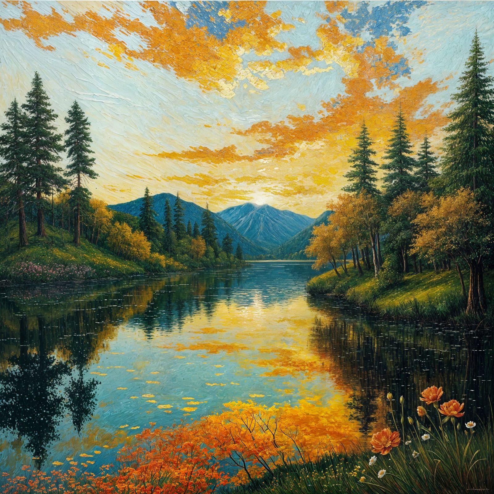 Golden Chocolate Lake in Vibrant Sunset Impasto