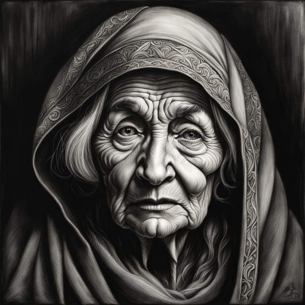 Elegant Old Woman in Dürer-Inspired Charcoal Drawing