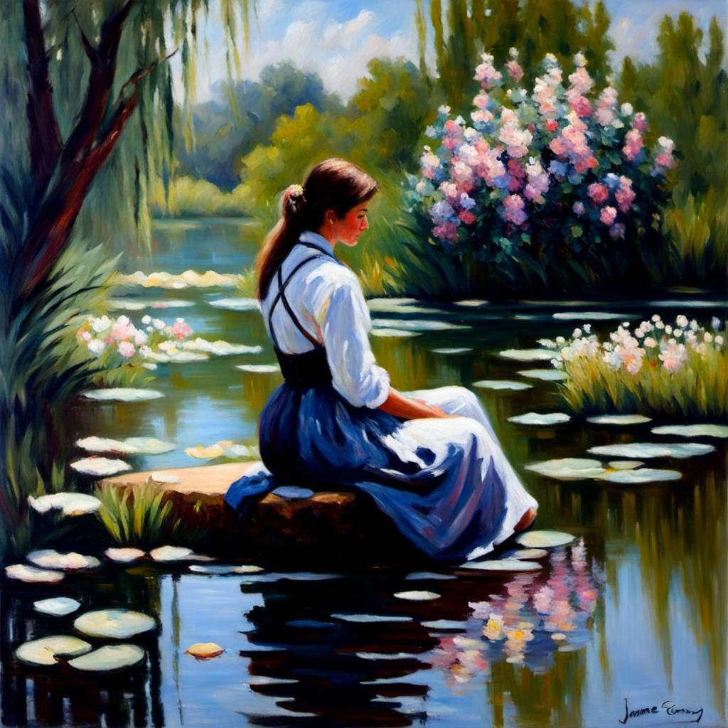 Peaceful River Scene in Monet's Style with a Serene Girl
