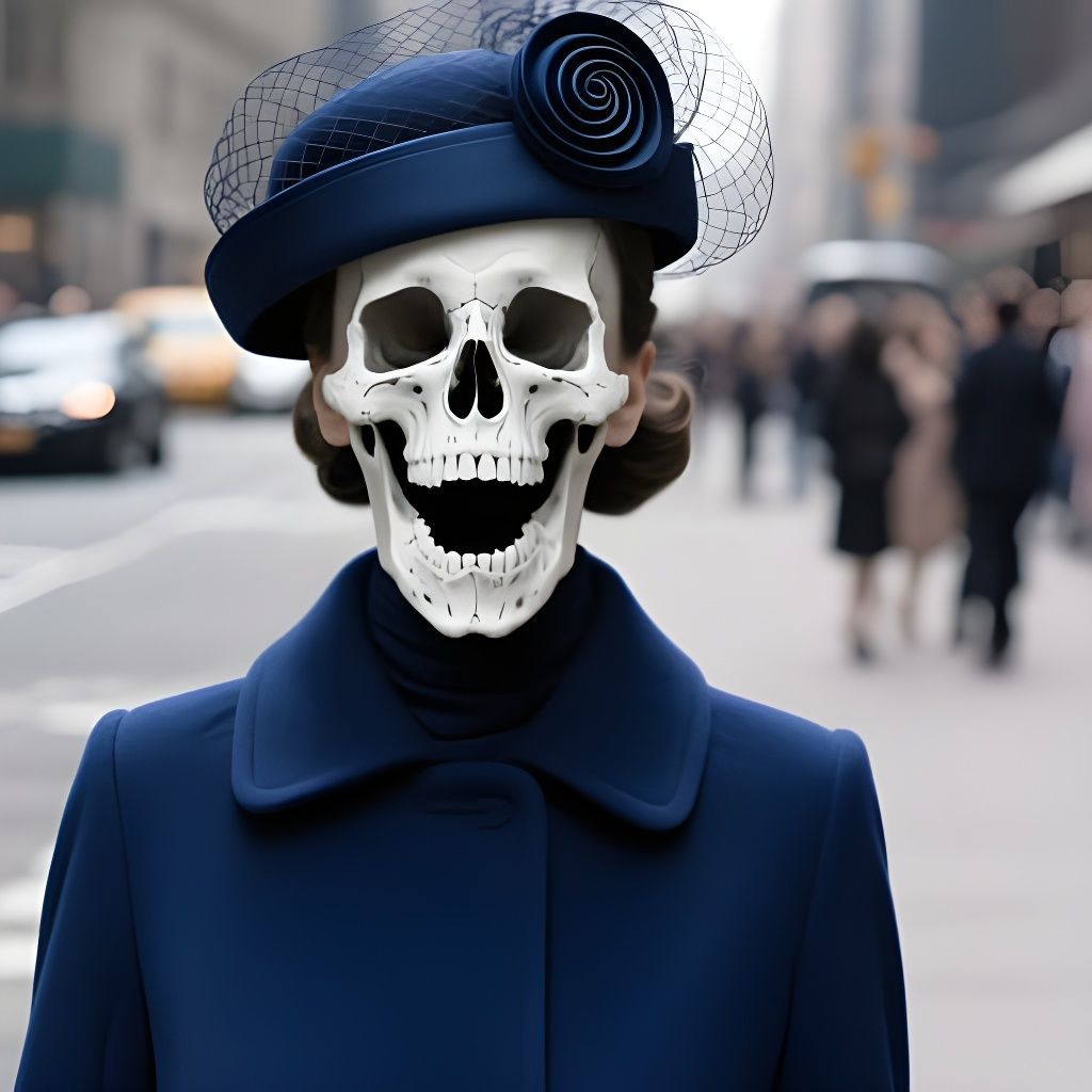 Surreal Woman with Skull Mask in Cityscape