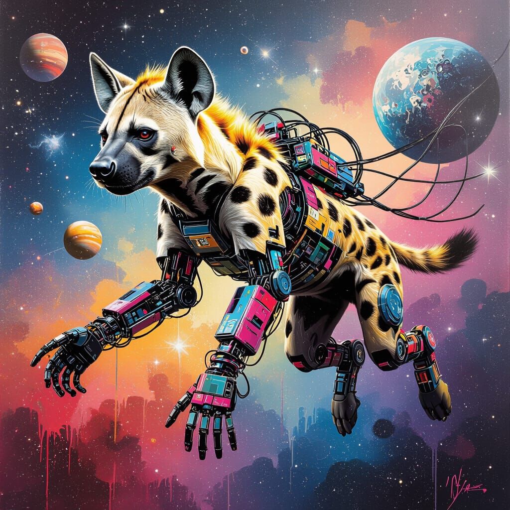 Cybernetic Hyena in Space Graffiti Art