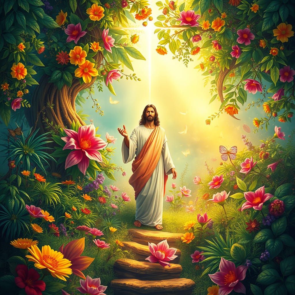 Surreal Garden Blooms with Jesus, Radiant in Emerald Glow