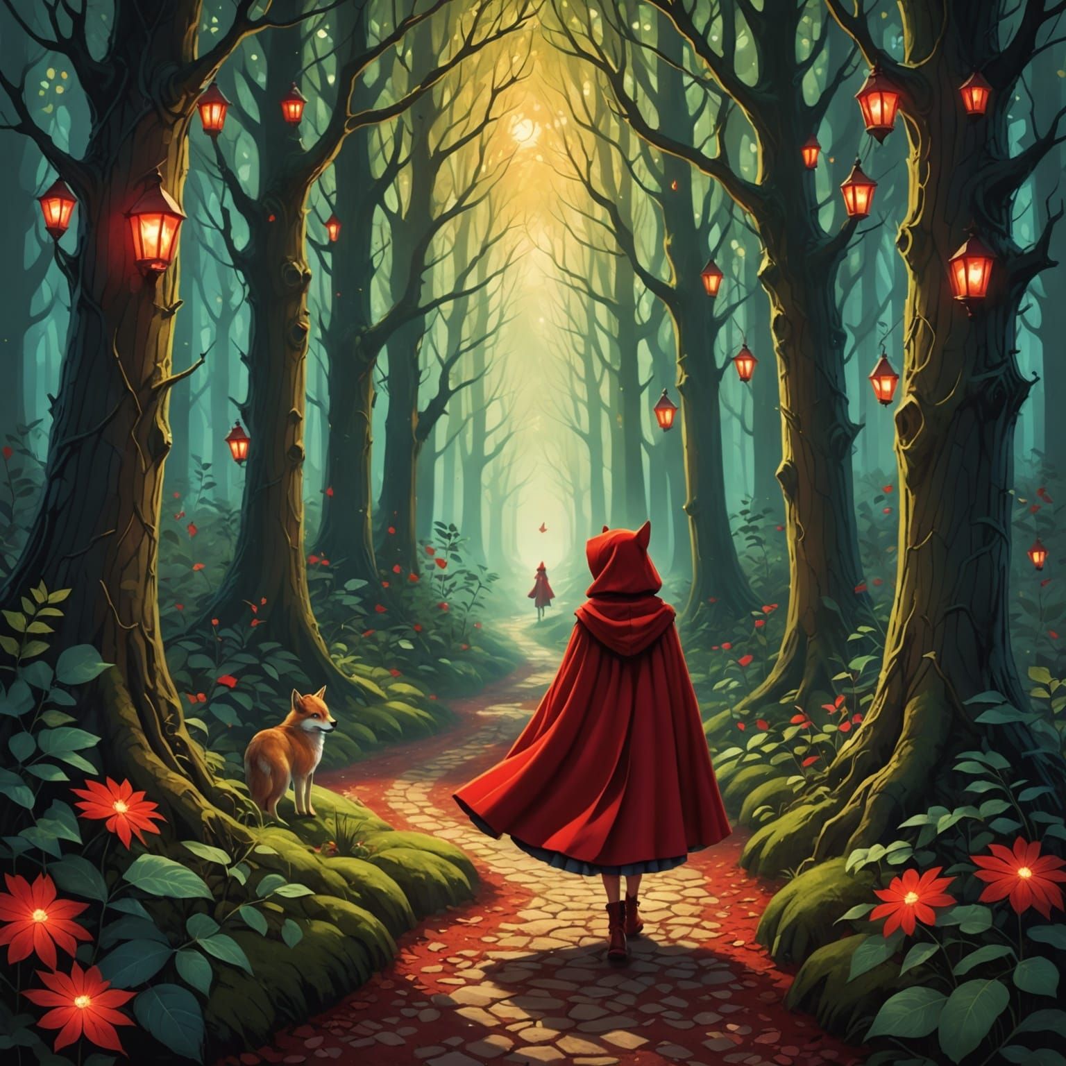 Little Red Riding Hood in an Enchanted Forest, Whimsical Fai...