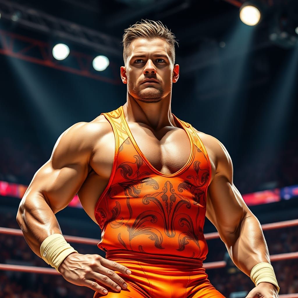 Handsome Wrestler in Dynamic Orange Singlet