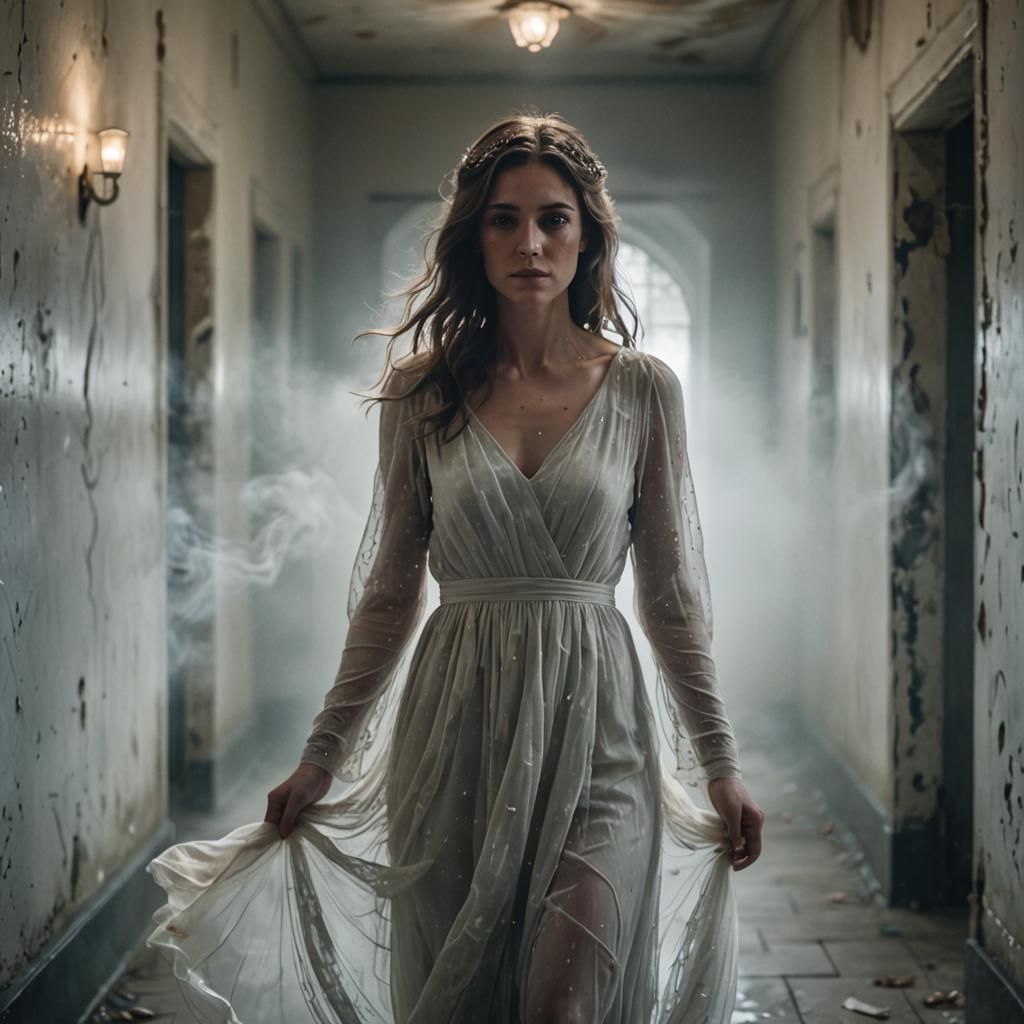 Ethereal Ghostly Figure in Abandoned Hallway