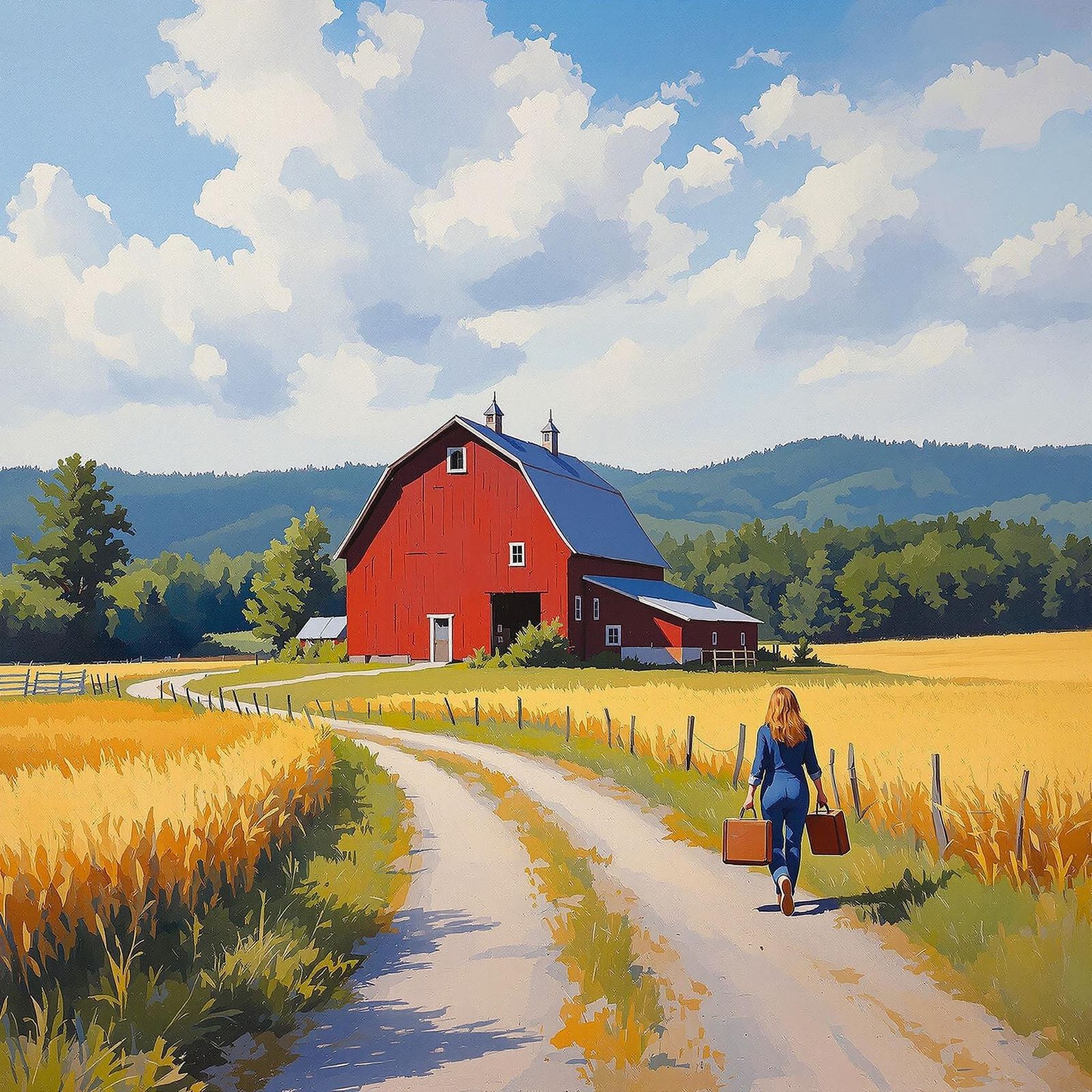 An oil painting of a Vermont red barn, Vermont scene with a woman with a suitcase walking along a dirt road, fields of w...