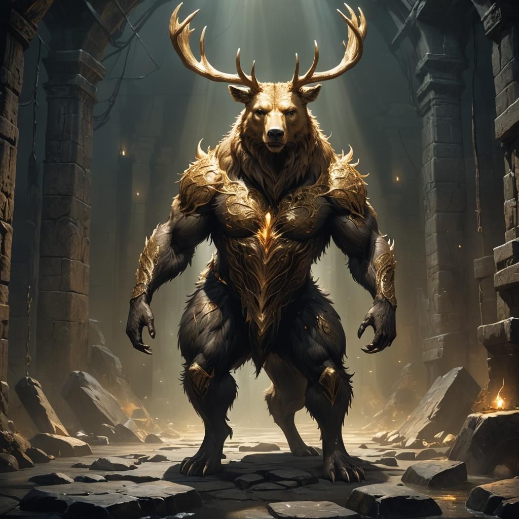 Fantasy Bear-Deer Hybrid Stands Tall in Dark Dungeon