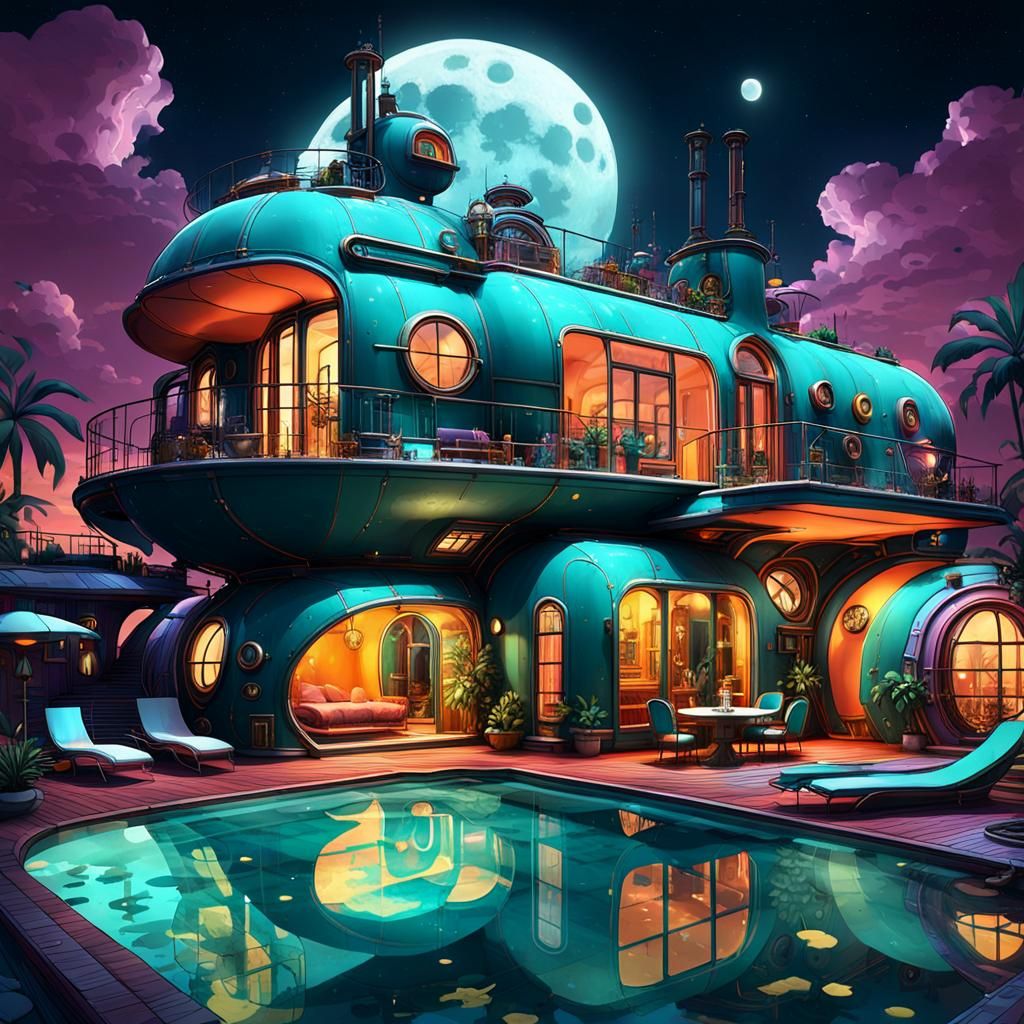 Woman in Bathing Suit Entertained by Retrofuturistic Pool Pa...