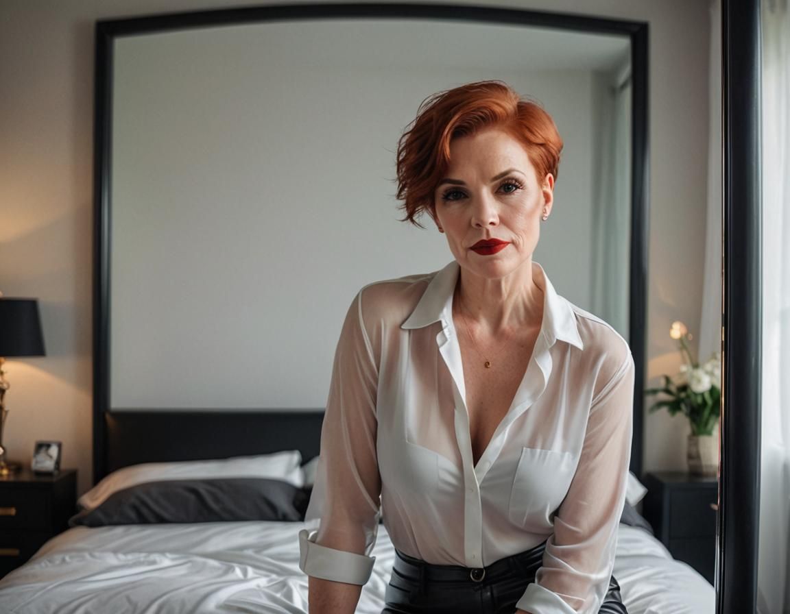 Realistic Portrait of a Confident Woman in Front of a Mirror