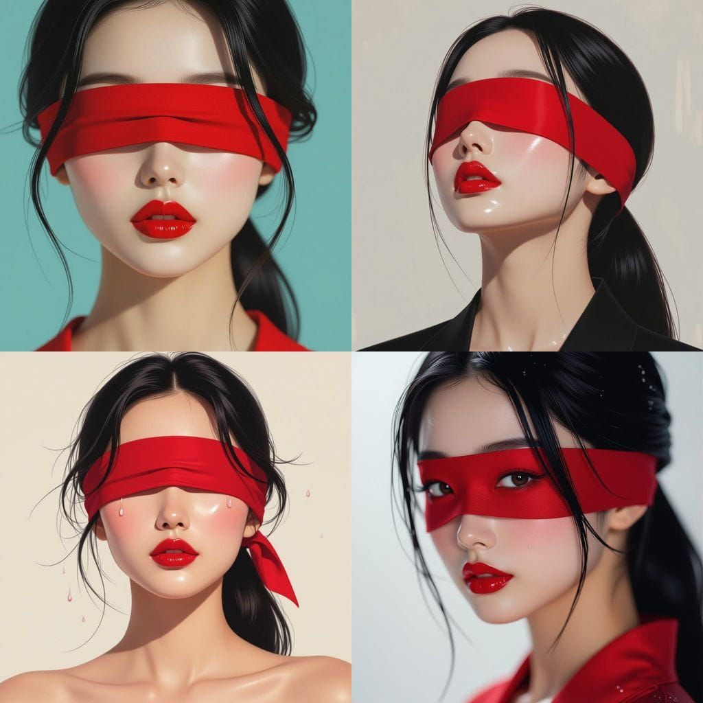 Dreamy Portrait of a Young Woman with Crimson Blindfold