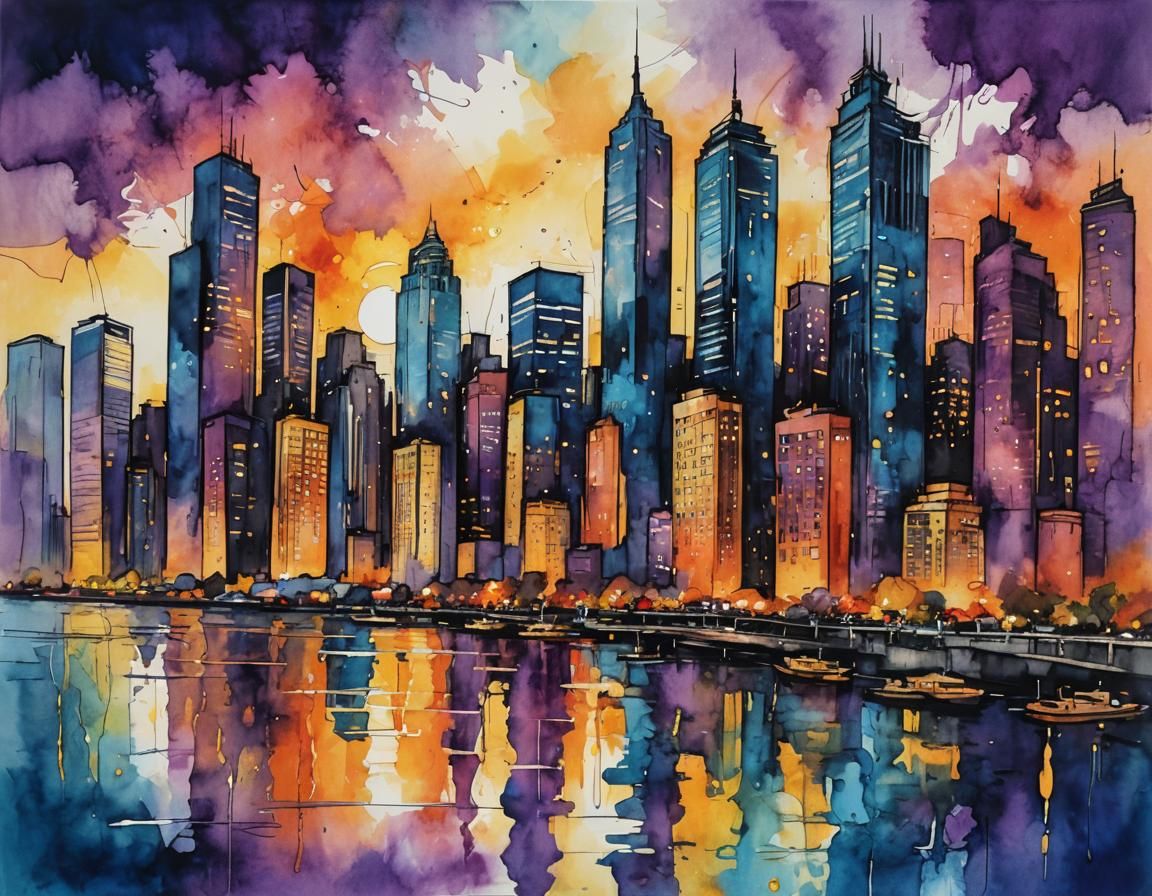 Vibrant Cityscape Unfolds at Sunset with Colorful Buildings...
