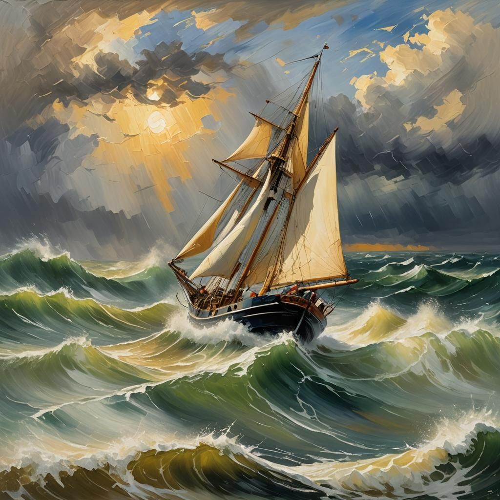 Sailboat in the Eye of a Storm, in Impressionist Brushstroke...