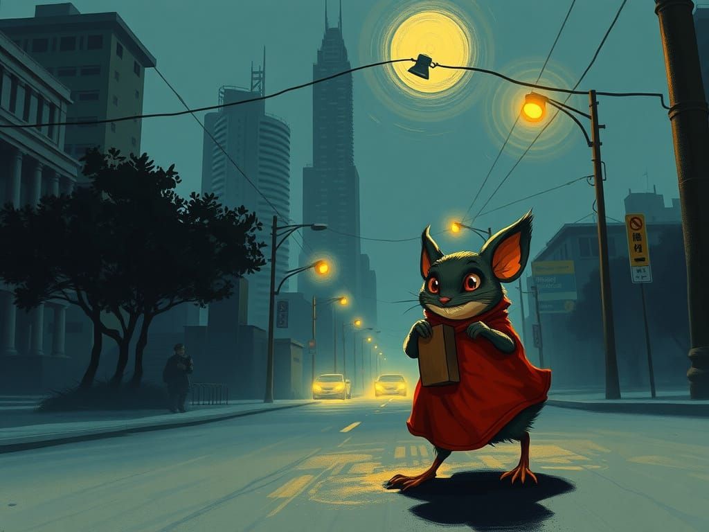 Mouse in Red Suit Walks City Streets at Night