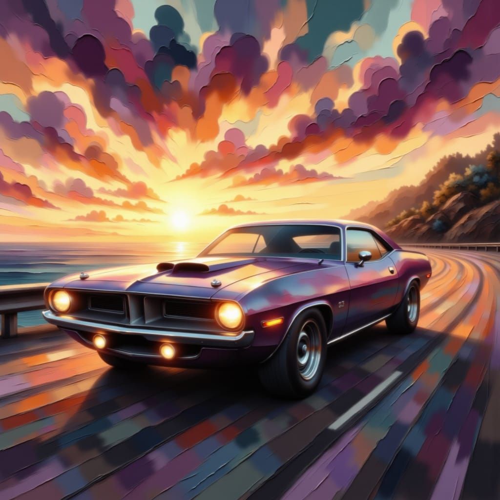 1970 Plymouth Barracuda on Sunset Coastal Highway
