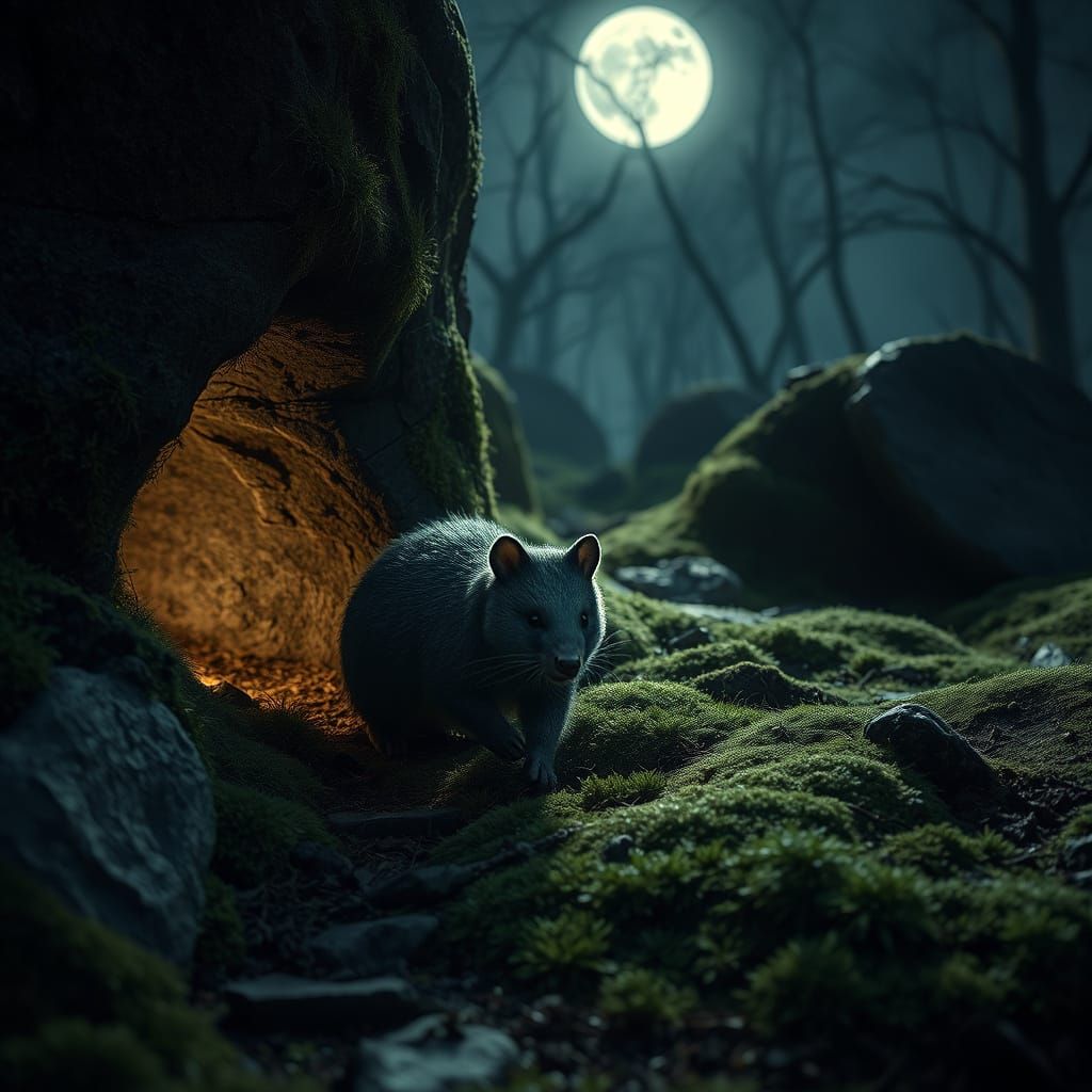 Hyperrealistic Wombat Under Moonlight Near Burrow