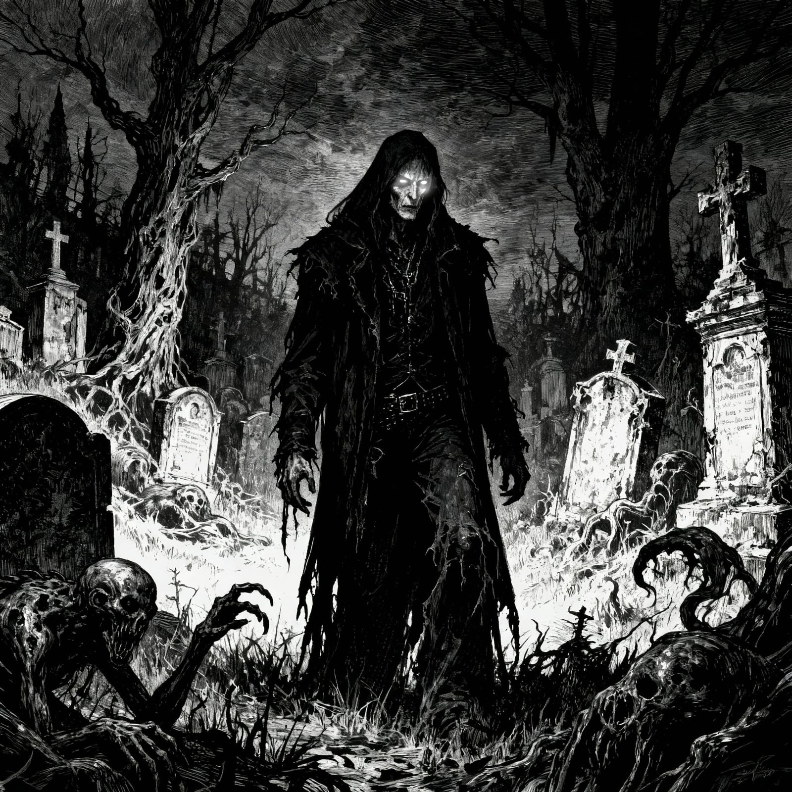 Black Metal Musician in Dark Graveyard with Horrors