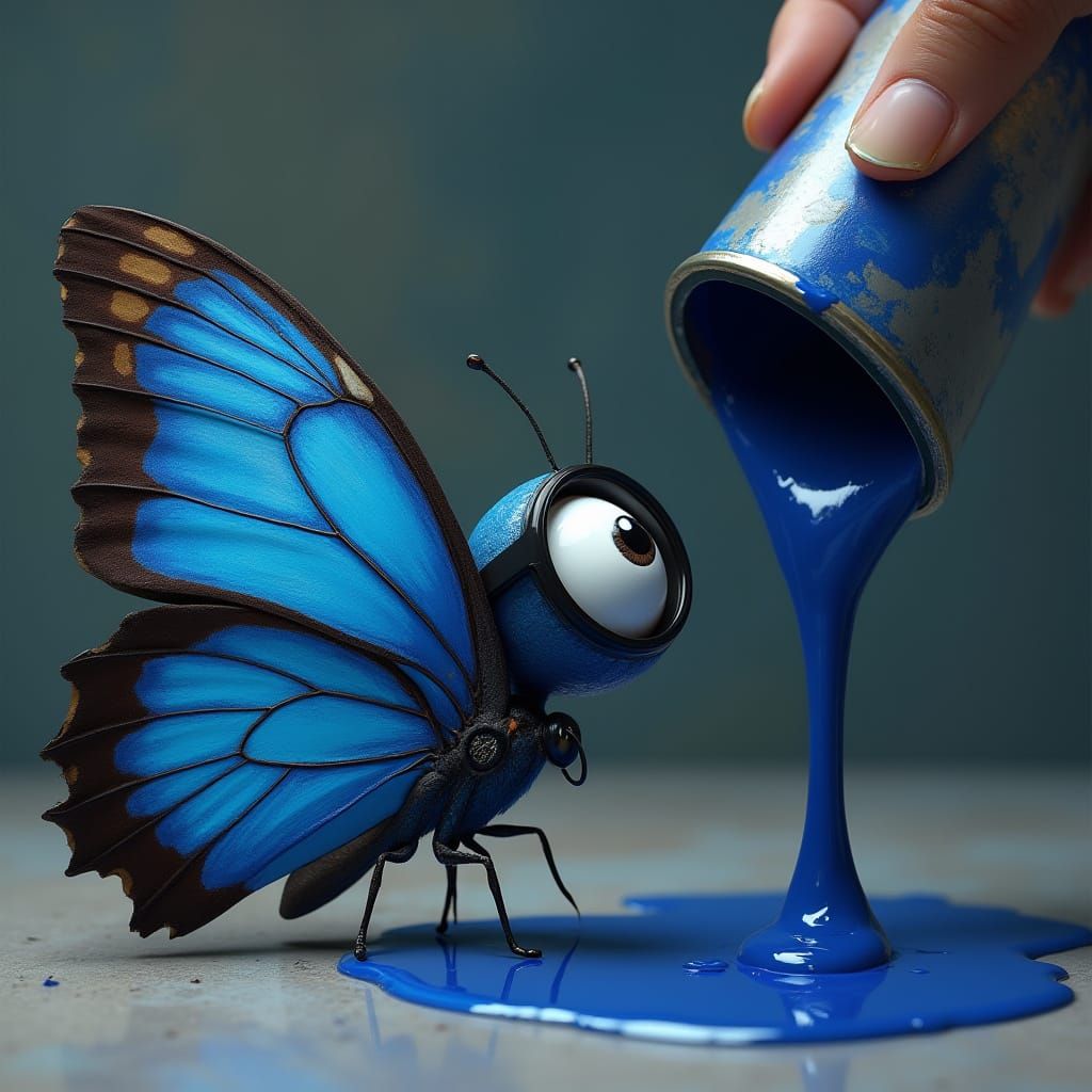 Confused Blue Butterfly with Paint, Detailed Matte Painting