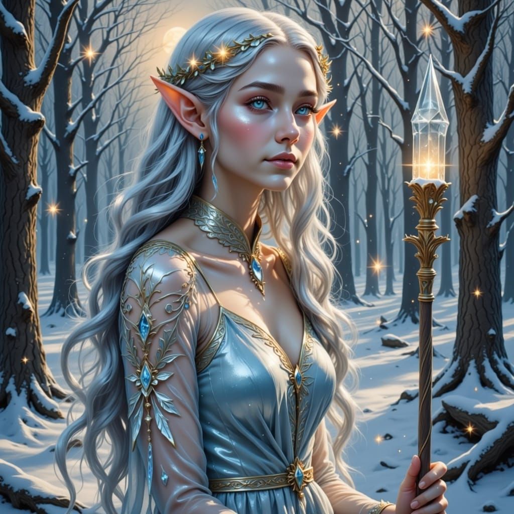Ethereal Winter Elf Maiden in Snowy Forest